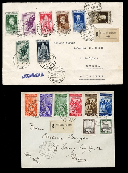 VATICAN CITY (41-54) 1935-36 Juridical Congress set of six and Catholic Press set of eight, used on two registered covers to Austria or Switzerland, the latter with some folds away from the...