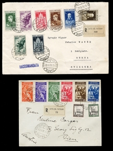 VATICAN CITY (41-54) 1935-36 Juridical Congress set of six and Catholic Press set of eight, used on two registered covers to Austria or Switzerland, the latter with some folds away from the...