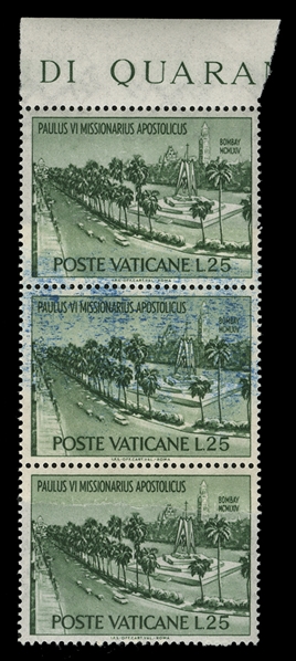 VATICAN CITY (401var) 1964 Pope Paul VI, visit to India, 25L green, top sheet margin vertical strip of three, double paper, some overinking on face, n.h., scarce variety