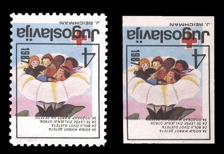 YUGOSLAVIA Postal Tax Stamps (Mi.124K) 1987 Red Cross, 4d with black color (country name, value and frame) inverted,  perf. and imperf. varieties, unused without gum as issued, the former signed...