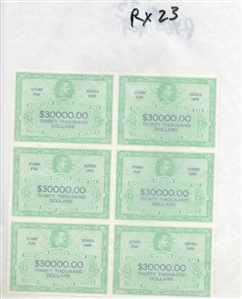 LARGE LOTS AND COLLECTIONS UNITED STATES Revenue Stamps (RX1/23) 1950 Distilled Spirits Excise Tax Stamps, blocks of four or six, with 1c (6), 3c (4), $1,500 (6), $20,000 (6) and $30,000 (6),...