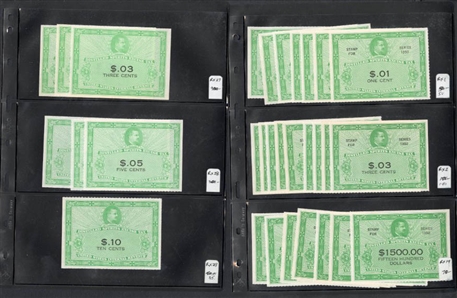 LARGE LOTS AND COLLECTIONS UNITED STATES Revenue Stamps (RX1/RX46) 1950-52 Distilled Spirits Excise Tax Stamps, balance of a stock, with 1950 1c (7), 3c (9), $1,500 (7), $20,000 (6), $30,000 (6)...