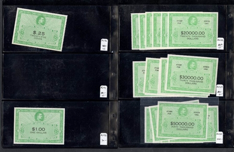 LARGE LOTS AND COLLECTIONS UNITED STATES Revenue Stamps (RX1/RX46) 1950-52 Distilled Spirits Excise Tax Stamps, balance of a stock, with 1950 1c (7), 3c (9), $1,500 (7), $20,000 (6), $30,000 (6)...