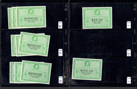 LARGE LOTS AND COLLECTIONS UNITED STATES Revenue Stamps (RX1/RX46) 1950-52 Distilled Spirits Excise Tax Stamps, balance of a stock, with 1950 1c (7), 3c (9), $1,500 (7), $20,000 (6), $30,000 (6)...