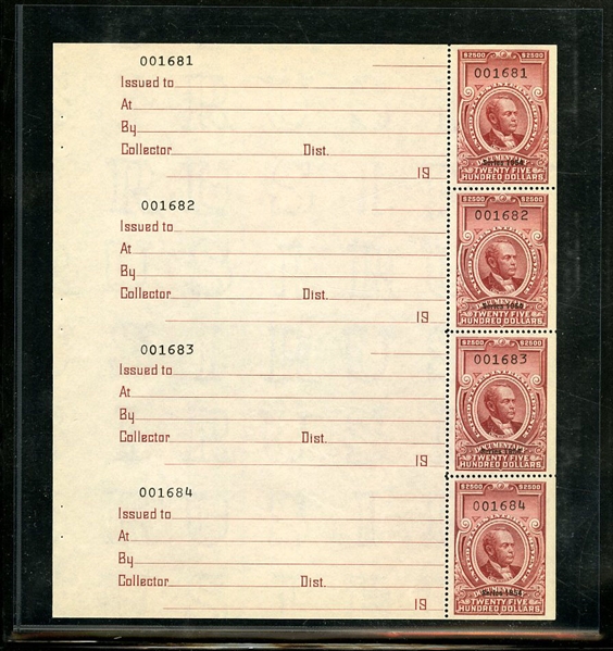 LARGE LOTS AND COLLECTIONS UNITED STATES Revenue Stamps (R685) 1954 $2,500 carmine, five singles, each with receipt, plus four booklet panes of four (and covers), without gum as issued,...