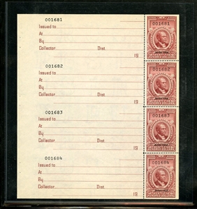 LARGE LOTS AND COLLECTIONS UNITED STATES Revenue Stamps (R685) 1954 $2,500 carmine, five singles, each with receipt, plus four booklet panes of four (and covers), without gum as issued,...