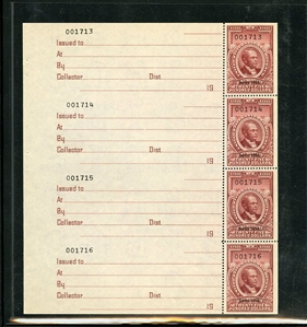 LARGE LOTS AND COLLECTIONS UNITED STATES Revenue Stamps (R685) 1954 $2,500 carmine, five singles, each with receipt, plus four booklet panes of four (and covers), without gum as issued,...