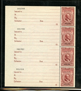 LARGE LOTS AND COLLECTIONS UNITED STATES Revenue Stamps (R685) 1954 $2,500 carmine, five singles, each with receipt, plus four booklet panes of four (and covers), without gum as issued,...