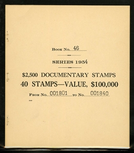 LARGE LOTS AND COLLECTIONS UNITED STATES Revenue Stamps (R685) 1954 $2,500 carmine, five singles, each with receipt, plus four booklet panes of four (and covers), without gum as issued,...
