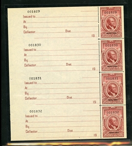 LARGE LOTS AND COLLECTIONS UNITED STATES Revenue Stamps (R685) 1954 $2,500 carmine, five singles, each with receipt, plus four booklet panes of four (and covers), without gum as issued,...