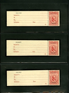 LARGE LOTS AND COLLECTIONS UNITED STATES Revenue Stamps (R685) 1954 $2,500 carmine, five singles, each with receipt, plus four booklet panes of four (and covers), without gum as issued,...