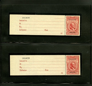 LARGE LOTS AND COLLECTIONS UNITED STATES Revenue Stamps (R685) 1954 $2,500 carmine, five singles, each with receipt, plus four booklet panes of four (and covers), without gum as issued,...