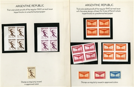 LARGE LOTS AND COLLECTIONS ARGENTINA Air Post (C38/CB5P) 1940-55 specialized collection of 108 proofs or imperfs in different colors including 1948-49 Cartographers Issue, 1949 World Rifle...