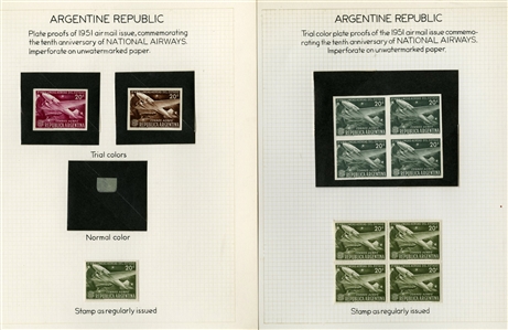 LARGE LOTS AND COLLECTIONS ARGENTINA Air Post (C38/CB5P) 1940-55 specialized collection of 108 proofs or imperfs in different colors including 1948-49 Cartographers Issue, 1949 World Rifle...