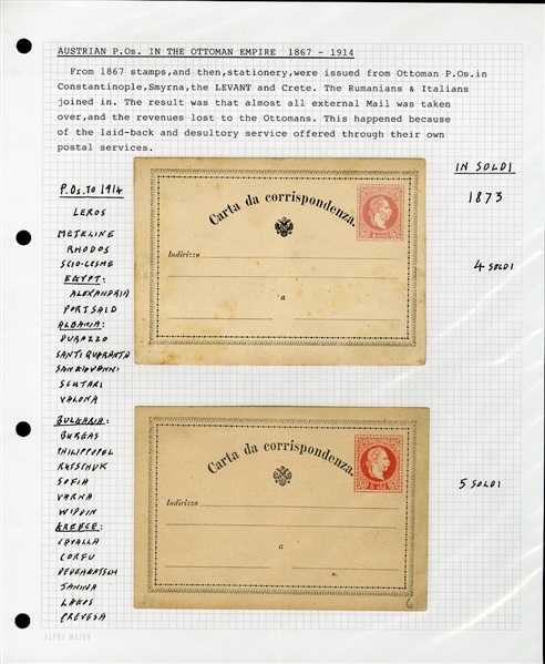 LARGE LOTS AND COLLECTIONS AUSTRIAN LEVANT 1890-1918 collection on pages, mostly Postal Stationery items used in Constantinople and Salonica, KUK Feldpost, Bosnia Herzegovina with an...