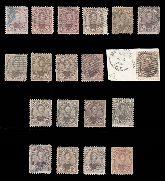 LARGE LOTS AND COLLECTIONS CANADA (17) 1859 10c red lilac, 19 used copies, various shades and cancels, one used on piece, few faults noted, otherwise fine-v.f., cat. $3,325