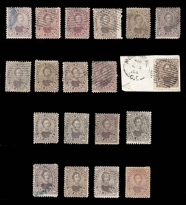 LARGE LOTS AND COLLECTIONS CANADA (17) 1859 10c red lilac, 19 used copies, various shades and cancels, one used on piece, few faults noted, otherwise fine-v.f., cat. $3,325