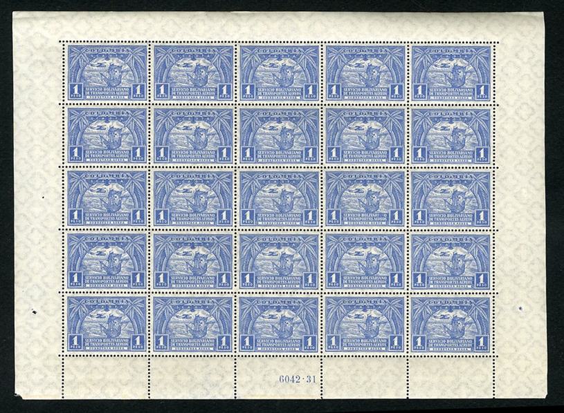 LARGE LOTS AND COLLECTIONS COLOMBIA Air Post (C25/47,C57/62) 1921-29 selection of 16 different, sheets of 25 or 50, with better values (C31,46), n.h., some dried gum, mostly fine-v.f., cat. $4,879