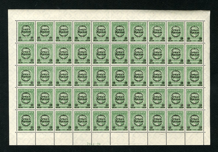 LARGE LOTS AND COLLECTIONS COLOMBIA Air Post (C80) 1930 Simon Bolivar surcharged 10c on 80c green, 800 copies (16 sheets of 50), n.h., folded between stamps, some overprint varieties noted,...
