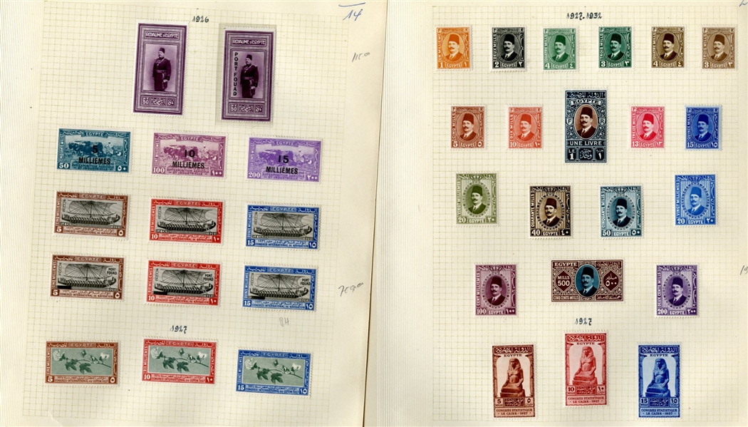 LARGE LOTS AND COLLECTIONS EGYPT 1914-58 collection on pages, 550+ different unused singles and sets, values to £1, Port Fouad complete set of four (50p thin), other commemoratives and regular...