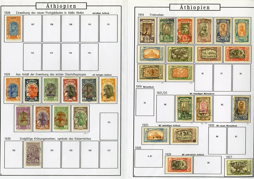 LARGE LOTS AND COLLECTIONS ETHIOPIA 1895-1990 balance of a collection in album, 300+ used and unused stamps, some complete sets, also 60+ covers and cards, picture postcards, stationery, etc.,...
