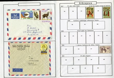 LARGE LOTS AND COLLECTIONS ETHIOPIA 1895-1990 balance of a collection in album, 300+ used and unused stamps, some complete sets, also 60+ covers and cards, picture postcards, stationery, etc.,...