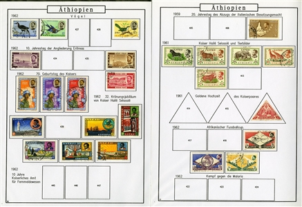 LARGE LOTS AND COLLECTIONS ETHIOPIA 1895-1990 balance of a collection in album, 300+ used and unused stamps, some complete sets, also 60+ covers and cards, picture postcards, stationery, etc.,...