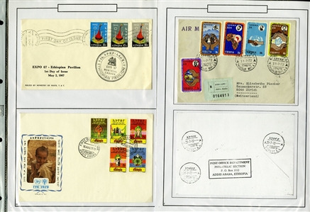 LARGE LOTS AND COLLECTIONS ETHIOPIA 1895-1990 balance of a collection in album, 300+ used and unused stamps, some complete sets, also 60+ covers and cards, picture postcards, stationery, etc.,...