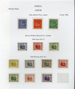 LARGE LOTS AND COLLECTIONS INDIA - FEUDATORY STATES 1903-32 Jaipur. Collection of stamps and covers, with unused 1904 Litho Durbar Press 1/2a to 2a, 1904 Recess by Perkins Bacon perf. 12 1/2a...