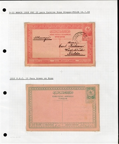 LARGE LOTS AND COLLECTIONS TURKEY 1880-1920 Ottoman Empire, selection of 81 stationery items and covers, used and unused, written up on album leaves with wealth of cancelations and markings to...