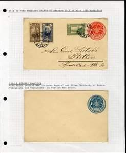 LARGE LOTS AND COLLECTIONS TURKEY 1880-1920 Ottoman Empire, selection of 81 stationery items and covers, used and unused, written up on album leaves with wealth of cancelations and markings to...