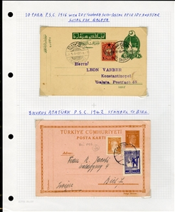 LARGE LOTS AND COLLECTIONS TURKEY 1880-1920 Ottoman Empire, selection of 81 stationery items and covers, used and unused, written up on album leaves with wealth of cancelations and markings to...