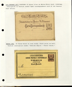 LARGE LOTS AND COLLECTIONS TURKEY 1880-1920 Ottoman Empire, selection of 81 stationery items and covers, used and unused, written up on album leaves with wealth of cancelations and markings to...