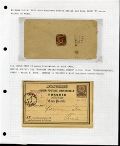 LARGE LOTS AND COLLECTIONS TURKEY 1880-1920 Ottoman Empire, selection of 81 stationery items and covers, used and unused, written up on album leaves with wealth of cancelations and markings to...