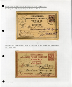 LARGE LOTS AND COLLECTIONS TURKEY 1880-1920 Ottoman Empire, selection of 81 stationery items and covers, used and unused, written up on album leaves with wealth of cancelations and markings to...