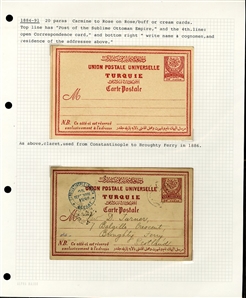 LARGE LOTS AND COLLECTIONS TURKEY 1880-1920 Ottoman Empire, selection of 81 stationery items and covers, used and unused, written up on album leaves with wealth of cancelations and markings to...