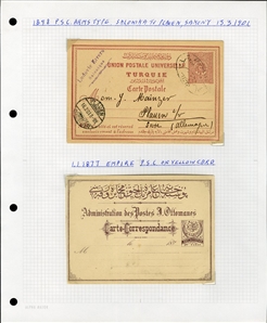 LARGE LOTS AND COLLECTIONS TURKEY 1880-1920 Ottoman Empire, selection of 81 stationery items and covers, used and unused, written up on album leaves with wealth of cancelations and markings to...
