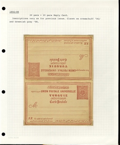 LARGE LOTS AND COLLECTIONS TURKEY 1880-1920 Ottoman Empire, selection of 81 stationery items and covers, used and unused, written up on album leaves with wealth of cancelations and markings to...
