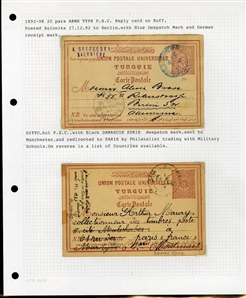 LARGE LOTS AND COLLECTIONS TURKEY 1880-1920 Ottoman Empire, selection of 81 stationery items and covers, used and unused, written up on album leaves with wealth of cancelations and markings to...