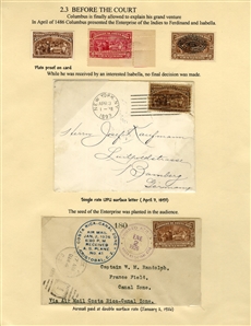 LARGE LOTS AND COLLECTIONS Worldwide Topicals 1869-1893 Christopher Columbus and Columbian Exposition, exhibit collection on 112 pages, showing an impressive array of stamps, proofs, Specimen...