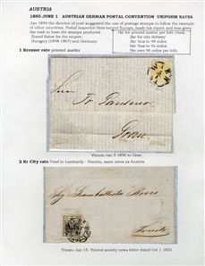 LARGE LOTS AND COLLECTIONS WORLDWIDE COVERS and POSTAL HISTORY 1849-1862 First Issue stamps on cover, selection on exhibit pages, showing Austria 1850 1kr yellow on FL from Wien to Graz, 2kr...