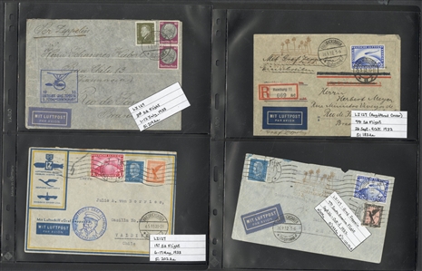 LARGE LOTS AND COLLECTIONS WORLDWIDE COVERS and POSTAL HISTORY Zeppelin Flights 1912-1935 collection of 110 covers and cards, mostly Germany, with 1912 Schwaben card, all Zeppelin Issues on...